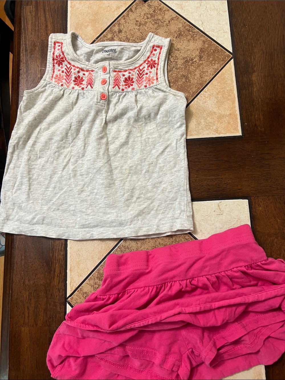 Gymboree Cream Tank Top with Pink Embroidered Yoke and Hot Pink Skirt Set